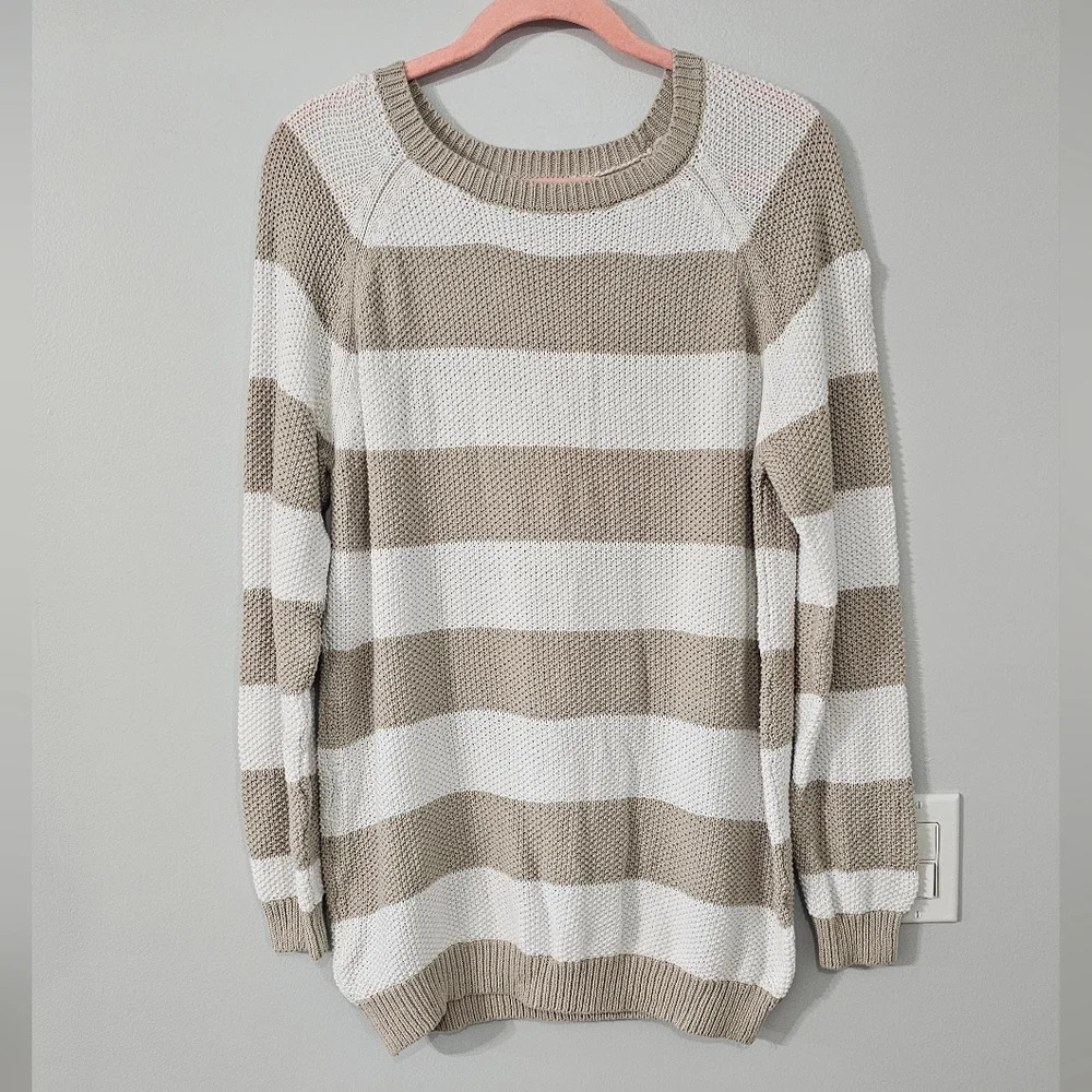 Mango White and Tan Crew Neck Sweater